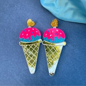 Gold and Pink Ice Cream Cone Acrylic Earrings